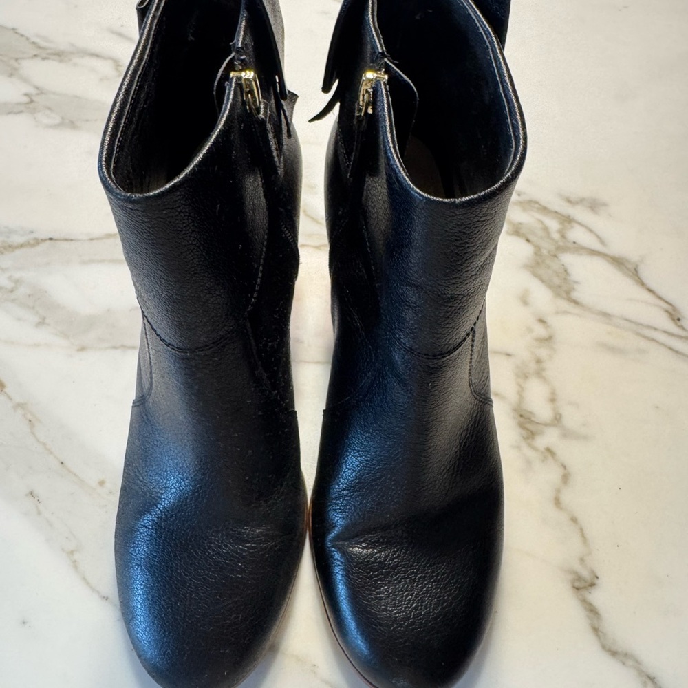 kate spade Black Leather Ankle Booties with Gold Zipper and Bow Back Detail